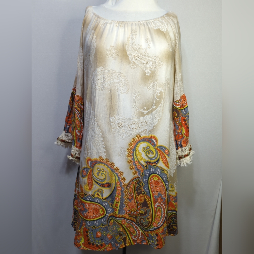 Boho Paisley Off Shoulder Mini Dress sz large Bell Sleeve Crochet Fringe 472